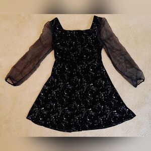 Black Velvet w Silver Metallic Constellation Print Dress w Sheer Sleeves.